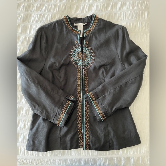 SARAH SPENCER 100% Linen Black Jacket Fully Lined Boho Turquoise Beaded Detail - Picture 6 of 14